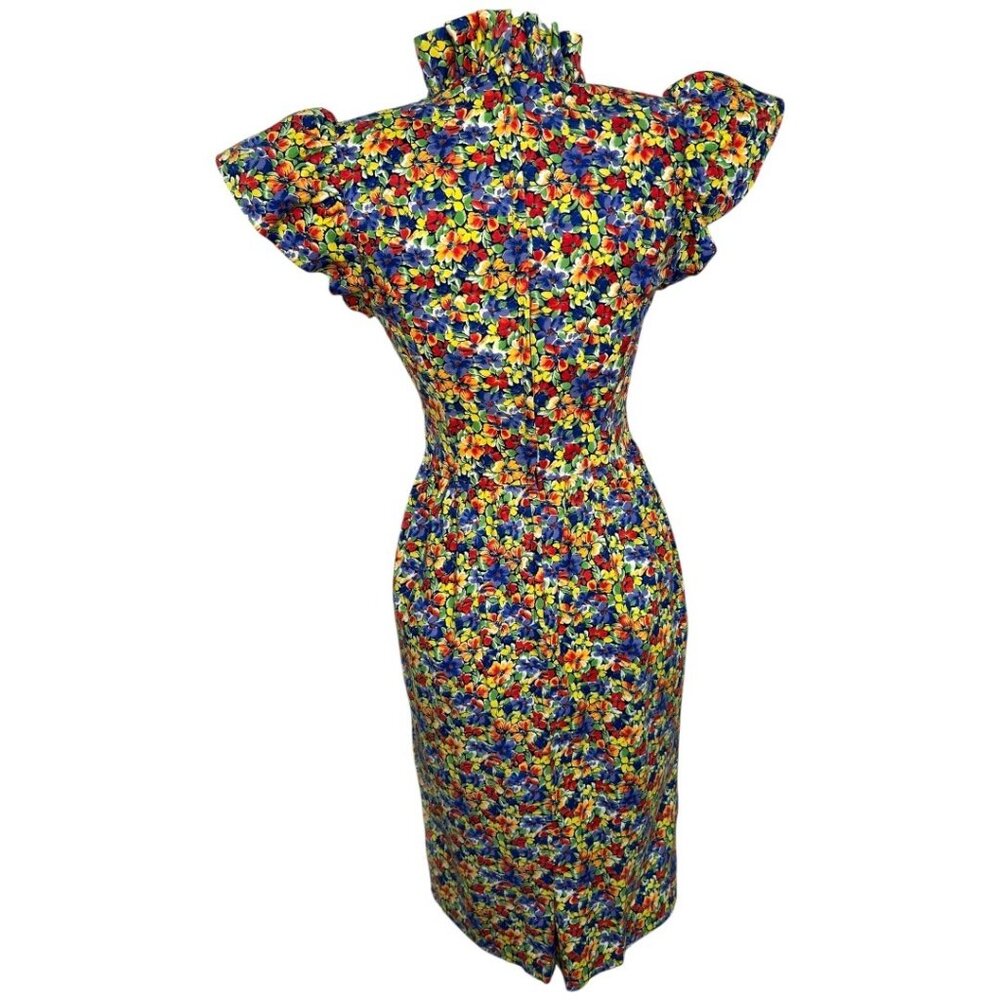 Vintage Leslie Lucks Petites Ruffle Collar Cap Sleeve Floral Dress Size 4 Petite - Picture 4 of 10